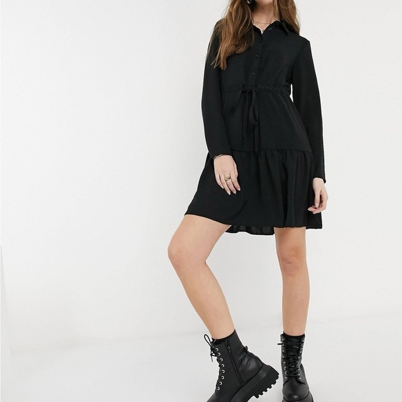 Women’s Dresses | tie waist tiered shirt dress in black - Picture 2 of 9